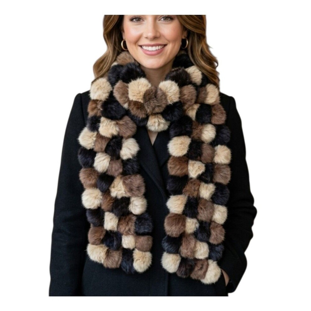 Rabbit Fur Pom Pom Scarf Boa Brown Multi